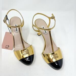 NEW NIB Miu Miu Leather Cap Toe T Strap Heel Metallic Gold Black Logo size 36.5